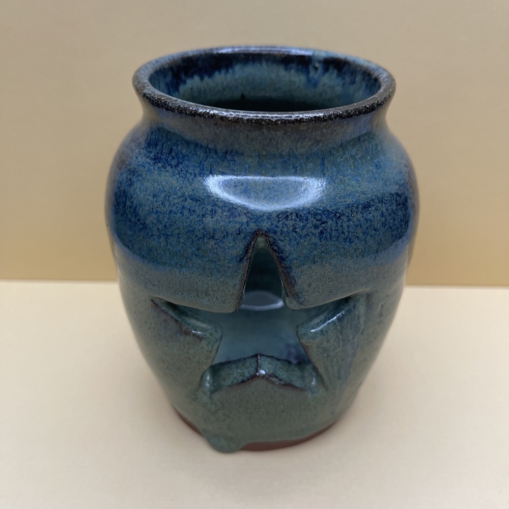 Studio Art Pottery Candle Holder Luminary Star Design‎ Blue Signed Crown W 4.75"